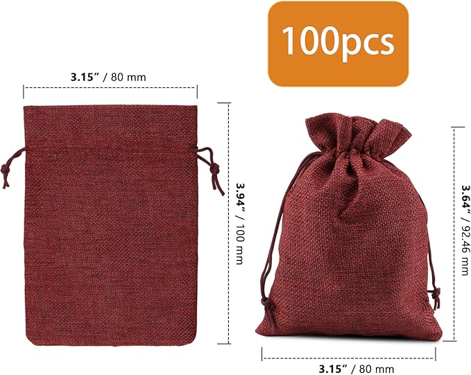 ZOENHOU 100 Packs 3 x 4 Inch Large Burlap Bags Bulk with Drawstring, Durable Wine Red Jute Drawstring Bags, Dustproof Burlap Sacks for Favors Party DIY Craft