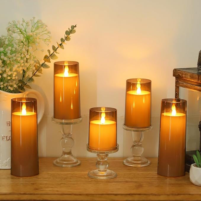 Fo32won Grey LED Flameless Pillar Candles Battery Operated with Remote and Timer, Set of 5 (D 3"×H 4" 5" 6" 8" 8") Decorative Plexiglass Flickering Candles with 3D Flame