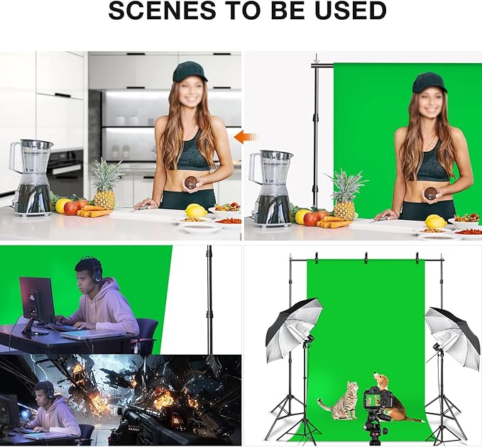Yesker 8.5x10ft Green Screen Backdrop Kit with Stand Photography Greenscreen Background Support System with 6x9ft Muslin Chromakey Backdrop and Clamp for Photo Video Studio Portrait Product Shooting