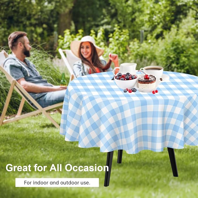 QIKSION Blue Gingham Round Tablecloth 6 Pack, 84 Inch Plastic Checkered Table Cover Disposable for Parties