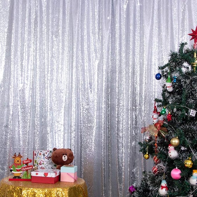 SquarePie Sequin Backdrop Curtain Not See Through Background for Wedding Party 7FT x 7FT Silver