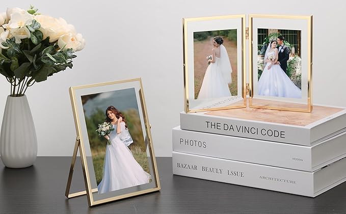 Gold 4x6'' Double Floating Frame For Photo Sizes 2x3'', 3.5x 5'', 4x6'' Metal double Frames for Tabletop/Display, Gold Floating Frame for Gift Wedding, Christmas,Birthady, Home or Office Décor.