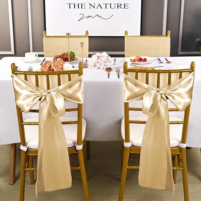 fani 60 PCS Champagne Satin Chair Sashes Bows Universal Chair Cover for Wedding Reception Restaurant Event Decoration Banquet,Party,Hotel Event Decorations (7 x 108 inch)