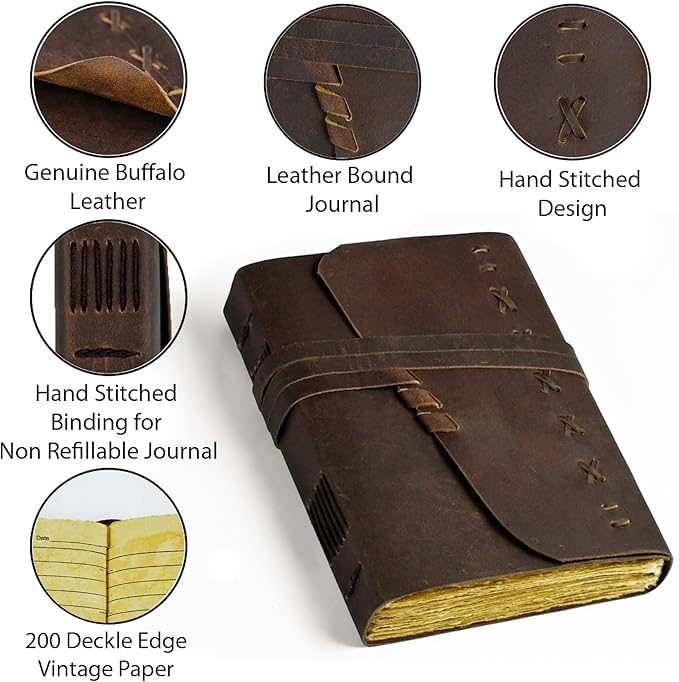 Leather Journal Notebook for Men & Women Daily Vintage Leather Bound Journal Travel Notebook 200 Deckle Edge Lined Paper Diary Writing Journal Travelers Scrapbook Poetry Sketchbook Leather Gifts with