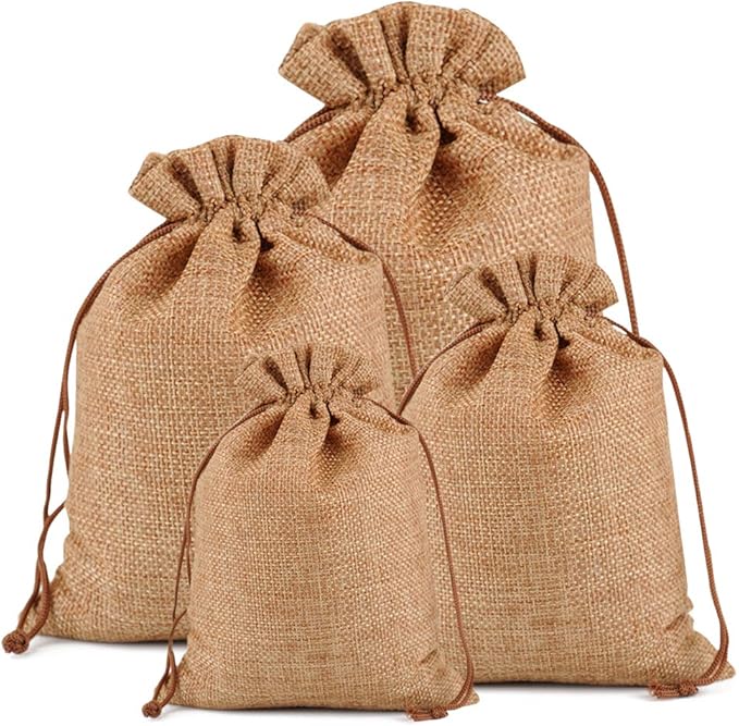 Lucky Monet 25/50/100PCS Burlap Gift Bags Wedding Hessian Jute Bags Linen Jewelry Pouches with Drawstring for Birthday, Party, Wedding Favors, Present, Art and DIY Craft (100Pcs, Coffee, 7” x 9”)