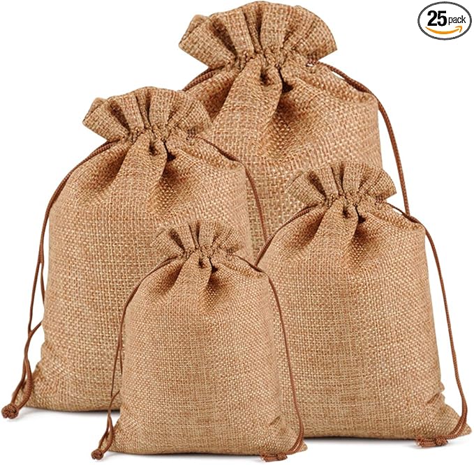 Lucky Monet 25/50/100PCS Burlap Gift Bags Wedding Hessian Jute Bags Linen Jewelry Pouches with Drawstring for Birthday, Party, Wedding Favors, Present, Art and DIY Craft (25Pcs, Coffee, 4” x 6”)