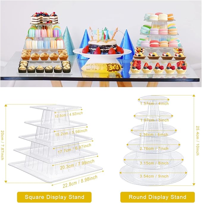 5 Tiers Square Macaron Tower Stand, Plastic Transparent Cake Stand Macaroon Display Rack Desserts Cupcake Holder Platter for Wedding, Birthday Party, Baby Shower, Party Decor