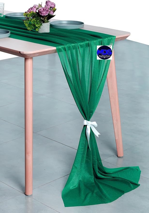 MDS 5 Pack 10ft Chiffon Table Runner 29 x 120 Inches Sheer Wedding Runner Romantic Rustic Table Runner for Wedding Decorations, Birthday Parties, Bridal Shower Party Arch Decor - Emerald Green
