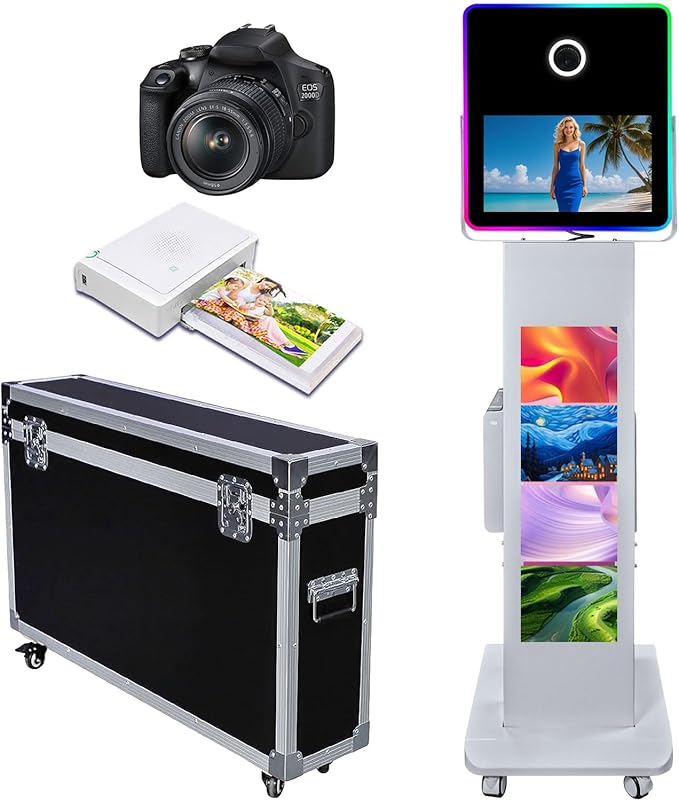 Portable Photo Booth with 15.6''and 29''LCD Touch Screen Selfie Photobooth Machine for Events Wedding Party Rental Christmas Flight Case (Machine+Camera+Mini Printer)