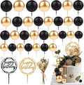 33 PCS Mini Ball Cake Topper Cupcake Insert Acrylic Cake Topper Artificial Dried Flowers Cake Decorations for Anniversary Graduation Birthday Party Baby Shower (Black, Gold)