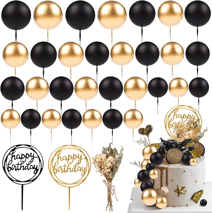 33 PCS Mini Ball Cake Topper Cupcake Insert Acrylic Cake Topper Artificial Dried Flowers Cake Decorations for Anniversary Graduation Birthday Party Baby Shower (Black, Gold)