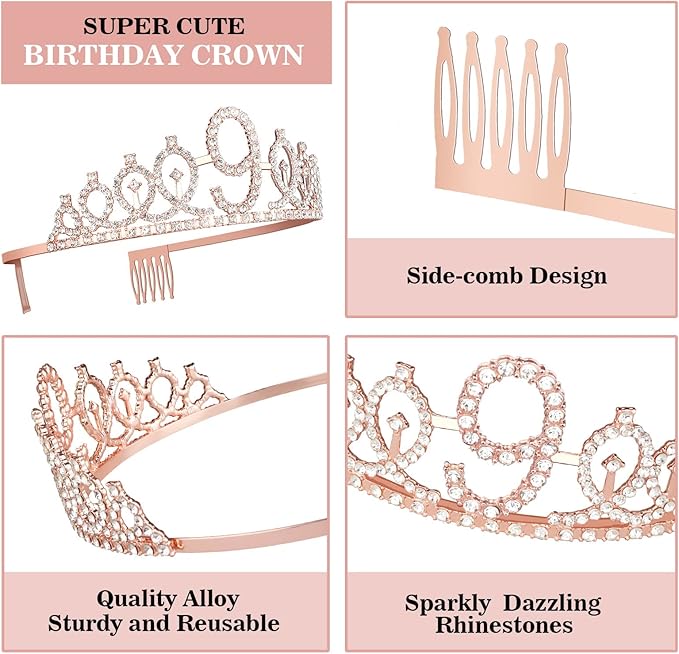 9th Birthday Decorations for Girl Including Sash, Crown, Numeral Candle and Cake Topper, 9 Year Old Girls Party Favor Supplies