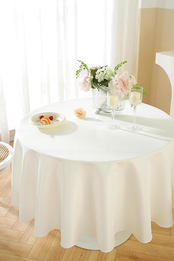 Craft And Party Round Tablecloth, 120 Inch Ivory Tablecloth, Polyester Fabric Washable Table Cloth for Home, Party, Wedding or Restaurant Use.