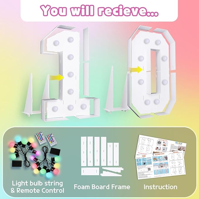 Marquee Numbers 10th-Birthday Decoration: Colorful 3FT Large Light Up 10 Year Old Birthday Decorations Anniversary Backdrop for Boys Girls Cardboard Sign 18 Colors Number 10 Mosaic Balloon Frame