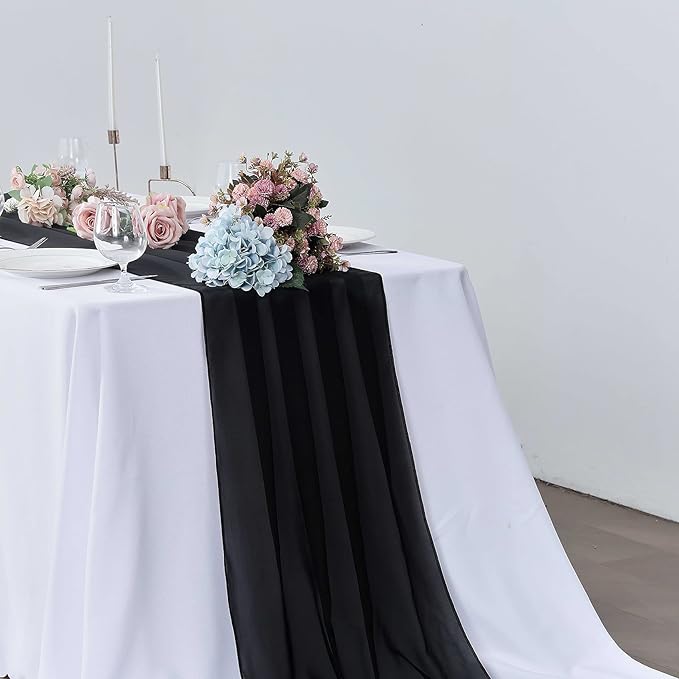 5 Pack 10Ft Black Chiffon Table Runner Sheer 29x120 Inch for Romantic Wedding Decor Bridal & Baby Shower Birthday Rustic Party Decoration