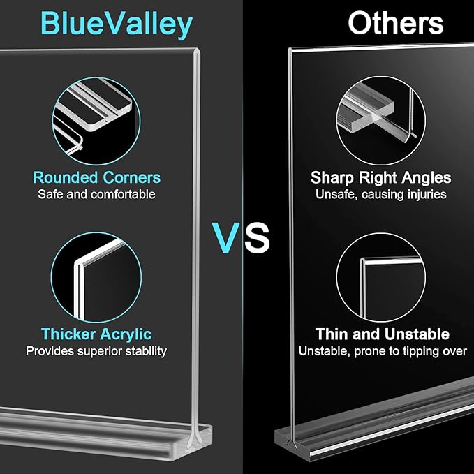 BlueValley Clear Plastic Flyer Sign Holder 8.5 x 11 Standing, Horizontal Table Top Acrylic Brochure Menu Signs Holder, Double Sided Plexi Picture Photo Frame Lucite Paper Display Stand for Office Retail Vendor Show Fairs