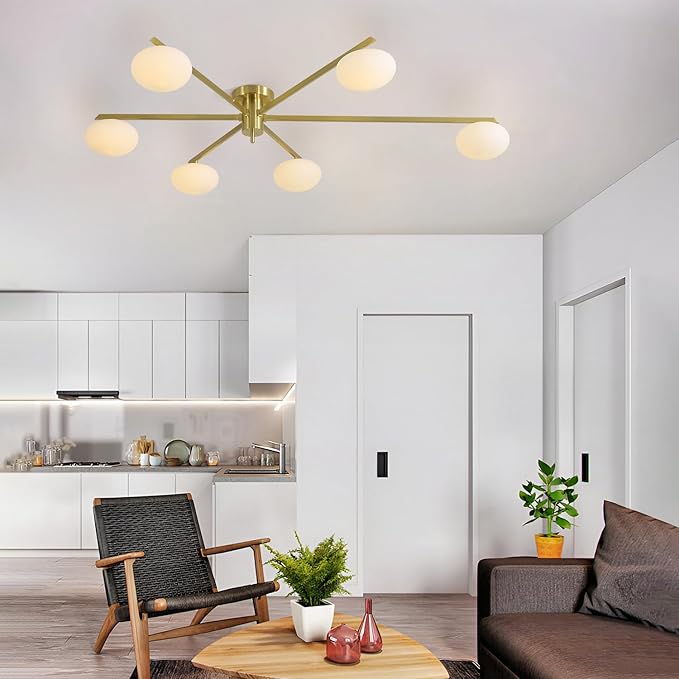 6-Lights Gold Sputnik Chandelier Modern Ceiling Light Fixtures Retro Glass Ceiling Lamp Industrial Semi Flush Mount Lights for Kitchen Living Room Dining Room MCL01-6 GD