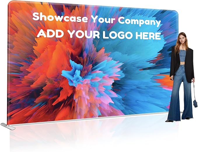 Custom Stand Backdrop with Aluminum Stand, 7.5x10ft Commercial Tension Fabric Banner, Single-Sided Printing for Trade Show, Weddings, Party, Business