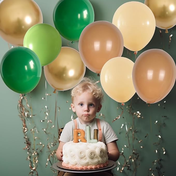 Sage Green Brown Balloons, 60PCS Green Brown Beige Jungle Safari Wild Woodland Balloon, Retro Green Metallic Gold Coffee Apricot Balloons for Boy First Birthday Baby Shower Wedding Party Decorations
