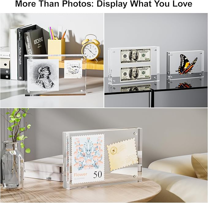 3 Pack 4x4 Acrylic Picture Frames - 20% Thicker Double Sided Magnetic Frame with UV Protection - Freestanding Clear Frameless Display for Tabletops - Modern Photo Frame Set for Home & Office Decor