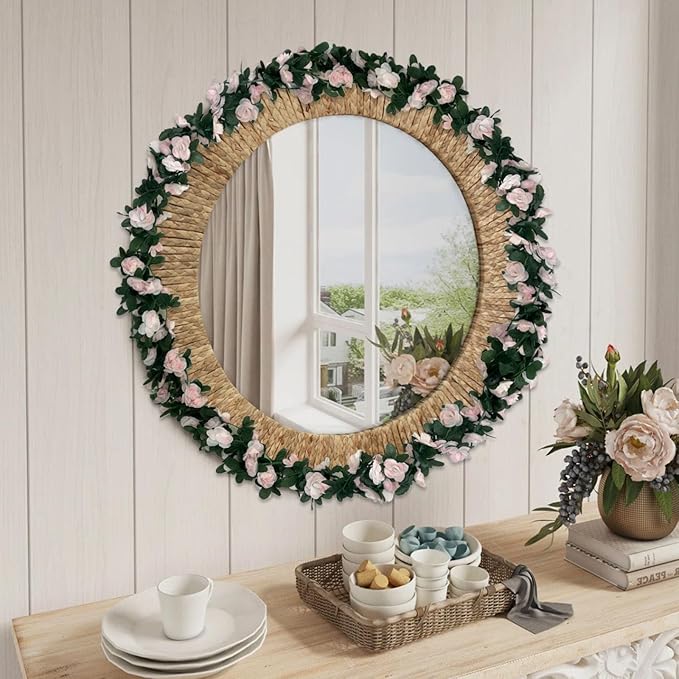 8Pcs 63Ft Light Pink Rose Garland, Fake Rose Hanging Flowers, Artificial Flower Vine, Hanging Floral Vine Garland for Wedding, Birthday Party, Wall Arch, Halloween, Christmas Garden Backdrop Decor