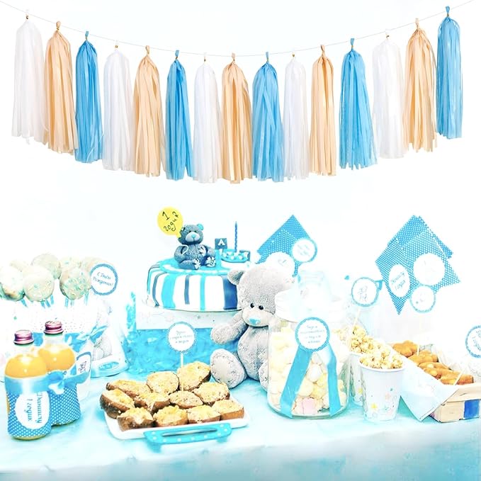 Light-Blue White Boho Champagne-Gold Party-Decorations - 23pcs Boy Birthday Baby Shower Paper Tissue Pom Poms Streamers,Tassel Garland Banner,Bachelorette Bridal Wedding Dusty Decor Lasting Surprise