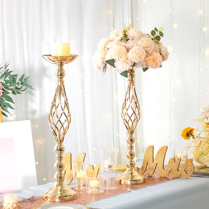 LANLONG 2pcs Metal Gold Candle Holders Road Lead Table Centerpiece Stand Pillar Candlestick for Wedding Candelabra Flowers Vases