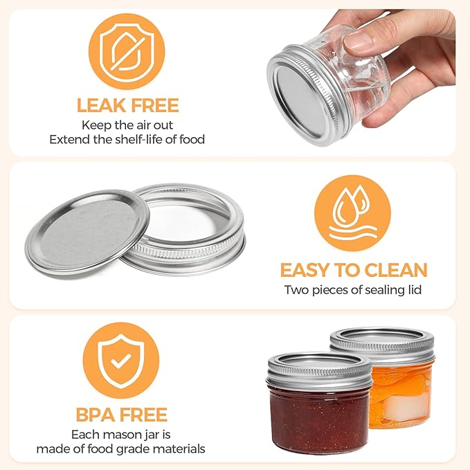 ComSaf Mini Mason Jars 4oz - 16 Pack, Regular Mouth Mason Jar with Lids and Seal Bands, Small Glass Canning Jar for Spice, Jam, Honey, Jelly, Dessert, Shower Wedding Favors, DIY Candles Decor