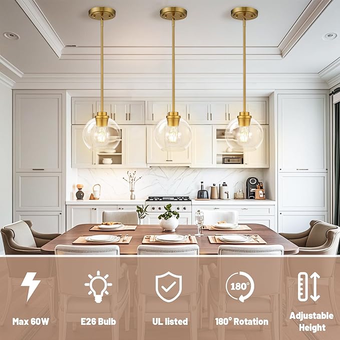 Globe Pendant Lights Kitchen Island, Farmhouse Gold Pendant Light with Clear Glass Globe Shade, Adjustable Hanging Light Fixture for Dining Room, Entryway & Over Sink Lighting