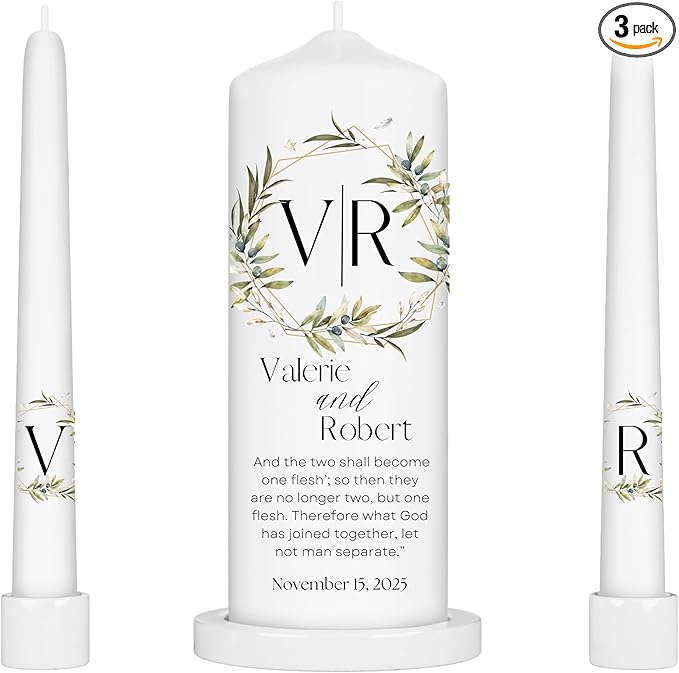 Unity Candles for Wedding, Modern Unity Set, Custom and Personalized Pillar and Taper Candles with Bible Quote, Unscented White Premium Wax, Religious and Wedding Ceremony, Special Events (Garden)