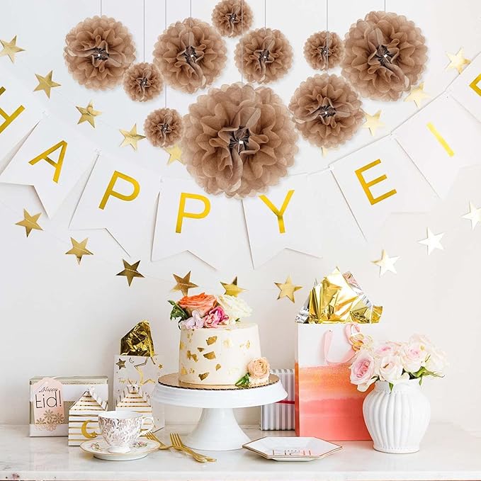 Tissue Paper Pom Poms, Brown Tissue Paper Flowers, Hanging Flower Balls for Weddings Fiesta Parties Birthday Baby Showers Classroom Bridal Shower Decoration (20Piece Set-6/10/12/14Inch)