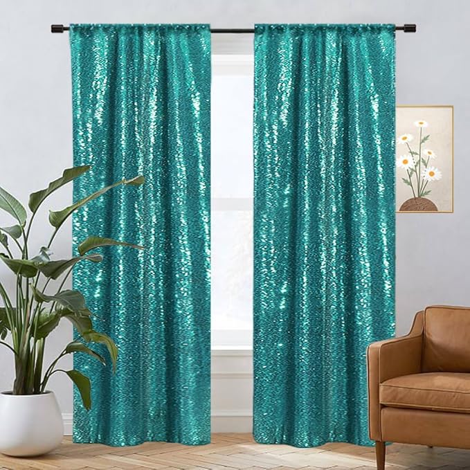 Eternal Beauty Teal Sequin Backdrop Curtains, Shimmer Back Drop 2Panels-2FTx8FT for Christmas, Party, Birthday, Photography, Wedding, Baby Shower Event Decoration