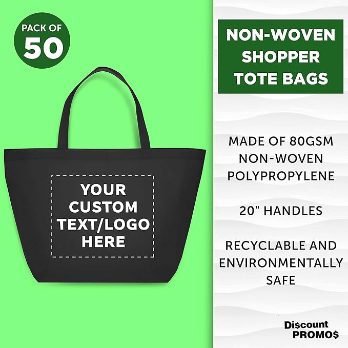 DISCOUNT PROMOS Custom Southern Style Grocery Tote Bags Set of 50 - Personalized Bulk Pack, Reusable Grocery & Shopping Bags - Great for Travel, Carry on Bag, Business Promotions - Black - 20"X13"X8"