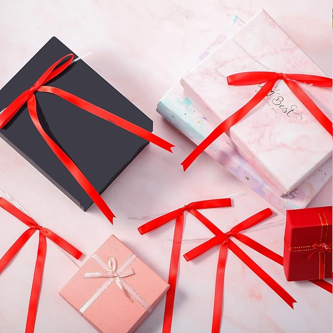 Riceshoot 100 Pcs Twist Tie Bows Bulk 5x7 Inch Satin Ribbon Bows for Gift Wrapping Cake Treat Bags Craft DIY Gift Wedding Baby Shower Birthday Party (Red)