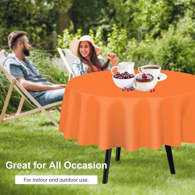 QIKSION Orange Round Tablecloth 3 Pack, 84 Inch Plastic Table Cover Disposable for Parties