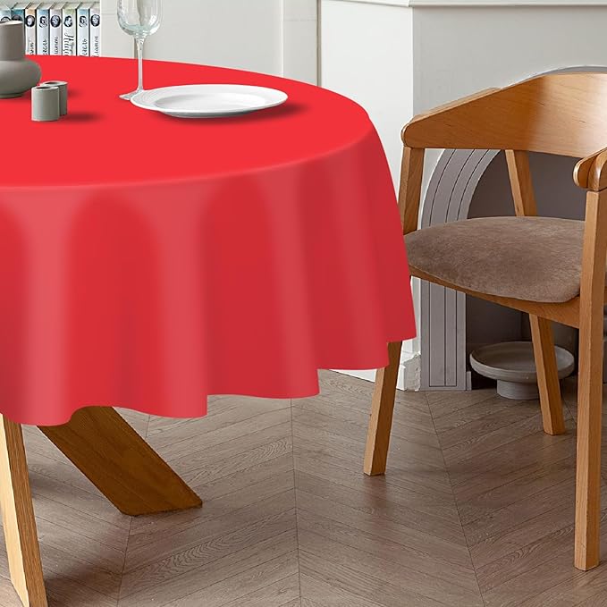 QIKSION Red Round Tablecloth 2 Pack, 84 Inch Plastic Table Cover Disposable for Parties
