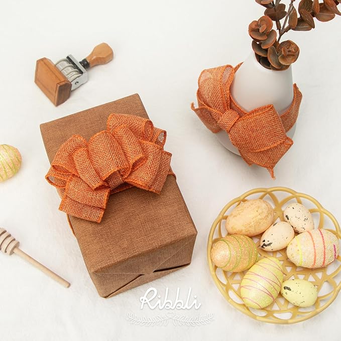Ribbli Orange Burlap Wired Ribbon,1-1/2 Inch x 10 Yard,Wired Edge Ribbon for Big Bow,Wreath,Tree Decoration,Outdoor Decoration