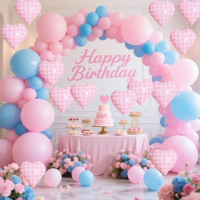 Pink White Checkered Heart Balloons,12Pcs 18Inch Light Pink Grid Heart Shaped Foil Helium Polyester Film Balloons for One Silly Goose Birthday Baby Shower Party Decorations
