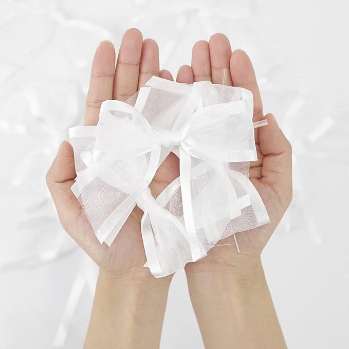 AIMUDI White Bows for Wedding Decor 4" Premade White Christmas Tree Bows Pre Tied White Bows for Crafts Small White Gift Bows Organza Fabric Bows for Treat Bags, Gift Wrapping, Baby Shower -12 Counts