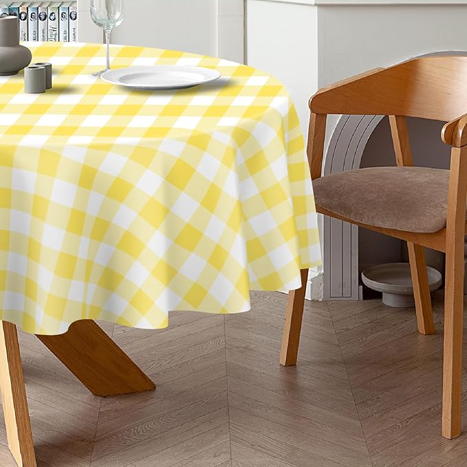 QIKSION Yellow Gingham Round Tablecloth 3 Pack, 84 Inch Plastic Checkered Table Cover Disposable for Parties