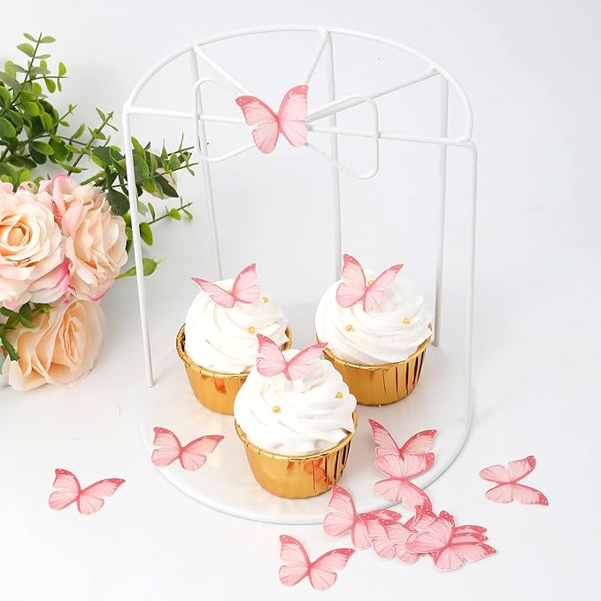 48Pcs 2" Pink Edible Butterflies Cake Toppers Wafer Glutinous Paper Butterfly for Cake Cupcake Decoration Colorful Small Pastel Cupcake Topper Decoratings for Wedding Birthday Baby Shower
