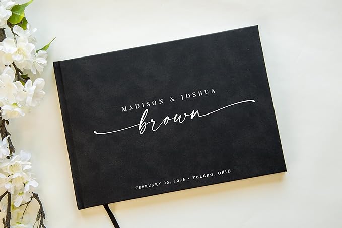 Personalized Guest Book - 11.5" x 8.5" Custom Bride & Groom Names with Bookmark and Hard Cover 140 GSM Blank Pages, for Weddings Guest Book, Engagements, Birthdays, Special Events, Charcoal