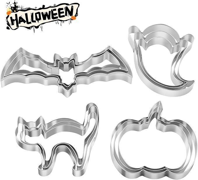 Halloween Cookie Cutters Set 12 Pcs, Stainless Steel Holiday Cookie Cutters Shape, 5.15” Bat, 3.54” Pumpkin, 3.34” Ghost, 3.5” Cat, Various Sizes Cute Cutters for Halloween Baking Party Decorations