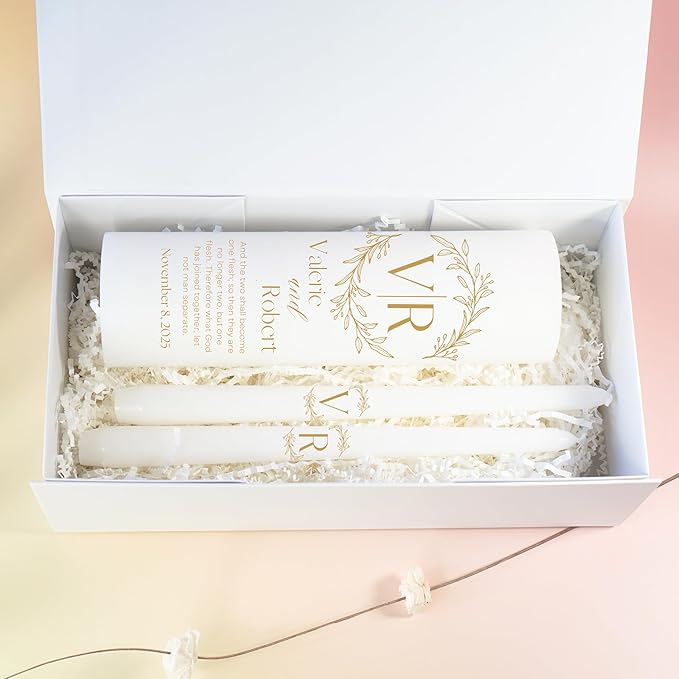 Unity Candles for Wedding, Modern Unity Set, Custom and Personalized Pillar and Taper Candles with Bible Quote, Unscented White Premium Wax, Religious and Wedding Ceremony, Special Events (Goldie)