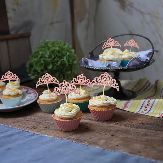 Gyufise 24Pcs Rose Gold Princess Crown Cupcake Toppers Glitter Princess Cake Pick Decorations for Wedding Girl Birthday Baby Shower Party Decorations
