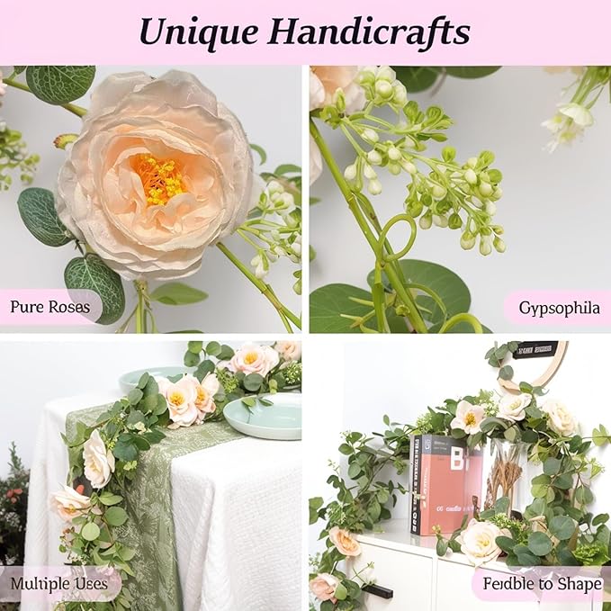 2Pcs Total 13 feet Eucalyptus Flower Garland with Fake Rose Flower, Artificial Fake Flowers Greenery Garland Floral Vines for Decoration Party Wedding Table Indoor Outdoor Backdrop Wall Decor（Pink）