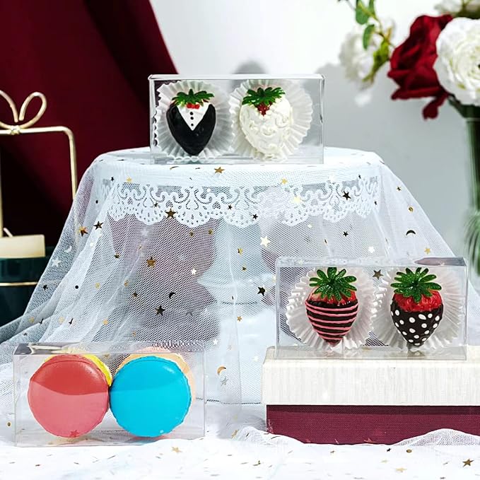 RomanticBaking 50Pack 4 1/2" x 2 1/4"x 2" Clear Chocolate Covered Strawberries Boxes for 2 Macaron Boxes for 4 Bakery Boxes Small Treat Boxes for Wedding Birthday Party