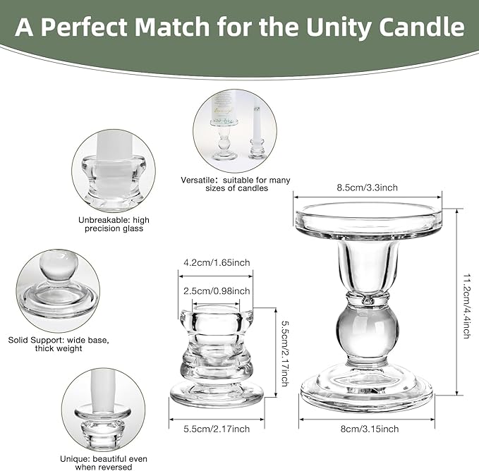 Extrogif 3 Unity Wedding Candles Set with Candle Holder for Ceremony Set, Glass Candlesticks and Pillar Taper Candles - Catholic Bible Religious Weddings Accessories