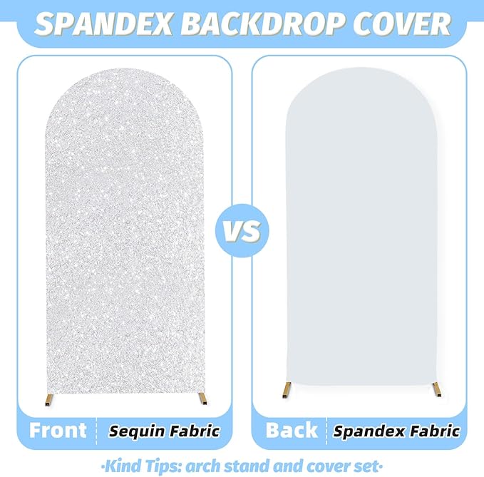 MODFUNS Metal Arch Backdrop Stand and Cover Set 6&7.2ft Silver Sequins Arch Cover Set of 2 Metal Arch Frame with Covers Balloon Arch Stands for Wedding Ceremony Banqet Party Reception