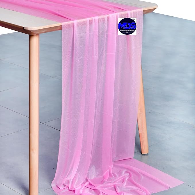 MDS 25 Pack 10ft Chiffon Table Runner 29 x 120 Inches Sheer Wedding Runner Romantic Rustic Table Runner for Wedding Decorations, Birthday Parties, Bridal Shower Party Arch Decor - Bubblegum Pink